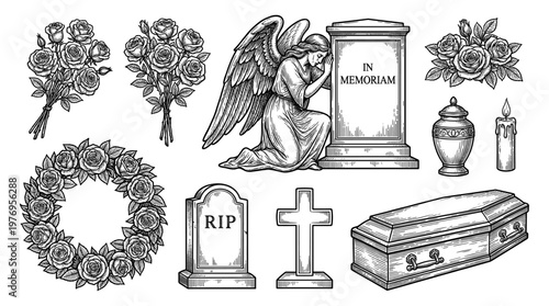 Funeral set with angel gravestone coffin and rose engraving