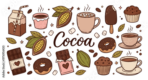 Cocoa doodle set with chocolate bar cup bean and cupcake