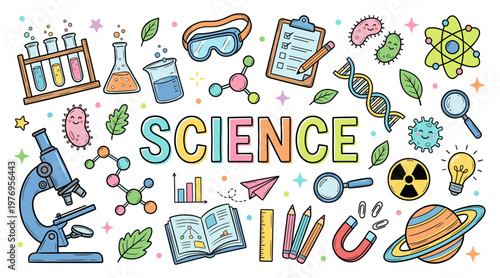 Science doodle set with microscope dna atom microbe and planet