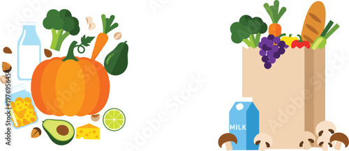 Fresh Grocery Shopping Illustrations Featuring Healthy Foods like Pumpkin, Vegetables, Milk, and Fruits in a Paper Bag
