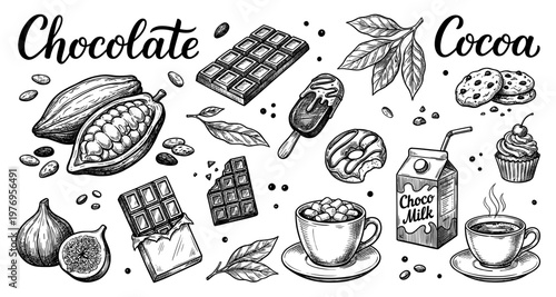 Chocolate cocoa set with bean bar cup and dessert engraving