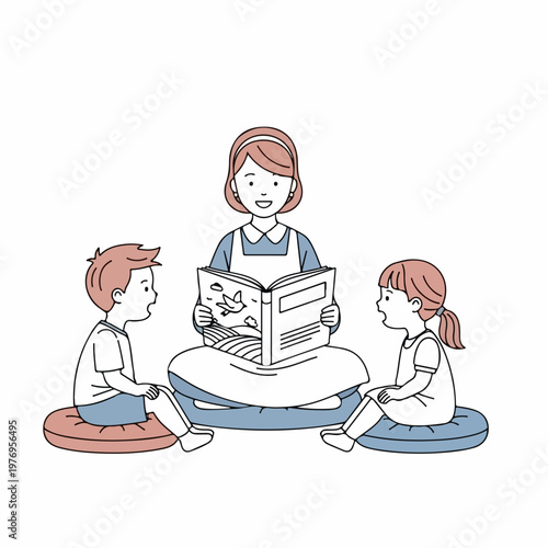 Children's story time vector illustration with teacher reading book to kids. Early education concept for kindergarten and preschool learning activities.