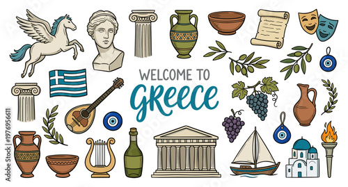 Greece doodle set with parthenon pegasus statue and amphora