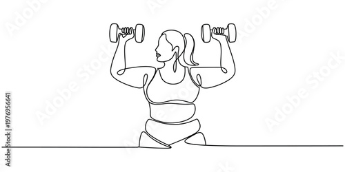 Continuous line of a woman with ponytail exercising with dumbbells fitness workout continuous line woman