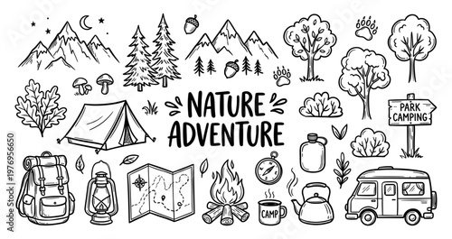 Camping nature adventure doodle set with tent mountain and backpack