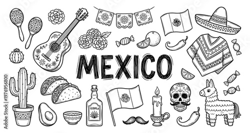 Mexico doodle set with sombrero cactus and taco in hand drawn sketch