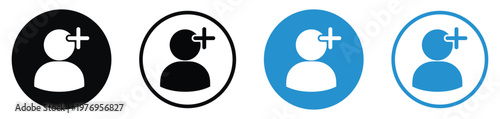 Minimalist add member icons with person silhouette and plus symbol. Ideal for user management, subscription, and social media interfaces.