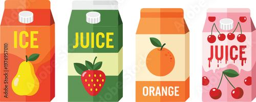 Fruit Juice Carton Illustration Set Featuring Pear, Strawberry, Orange, and Cherry Flavored Juices in Vibrant and Colorful Packaging Design