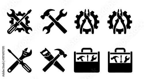 Industrial work tool icons, black repair equipment set, 8 vector symbols