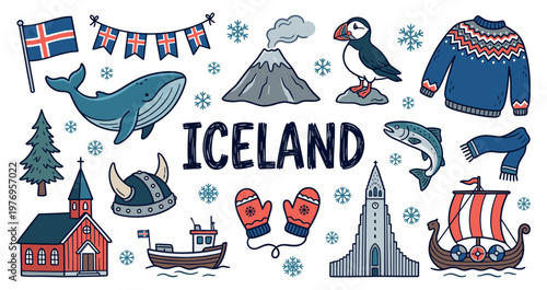 Iceland doodle set with puffin whale and volcano in hand drawn color