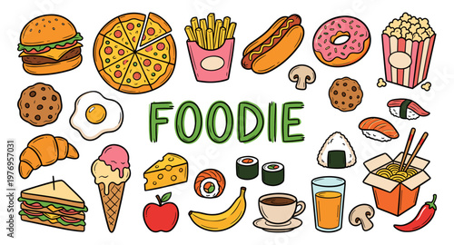 Foodie doodle set with burger pizza sushi and coffee hand drawn color