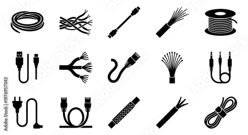 Electric cable icons, 15 wire and connector silhouettes, power cord vector