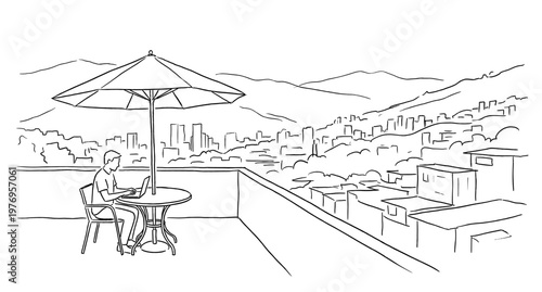 Digital nomad with laptop and city view in hand drawn sketch