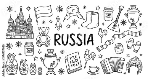 Russia doodle set with matryoshka and samovar in hand drawn sketch
