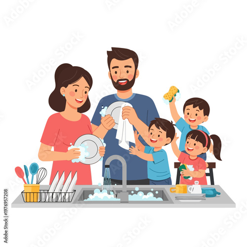 Family Washing Dishes Together, Parents and Kids Doing Chores, Happy Home Life