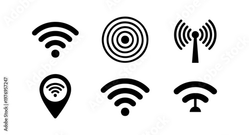 Wireless wifi icon set, 6 black signal vector symbols, radio wave icons