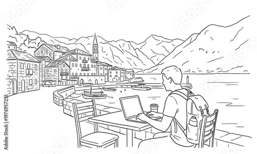Digital nomad working on laptop in Mediterranean seaside town sketch