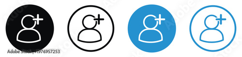 Minimalist add member icons with person silhouette and plus symbol. Ideal for user management, subscription, and social media interfaces.
