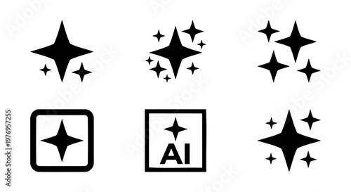 Sparkle star icons set, black magic twinkle symbols, AI effect vector
