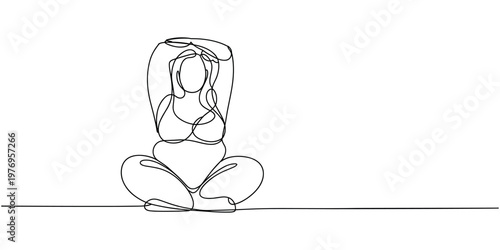 Single line of a plus size woman in lotus pose arms raised overhead stretching yoga body positive fitness