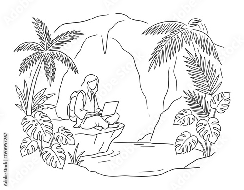 Digital nomad woman with laptop in tropical cave lagoon outline sketch