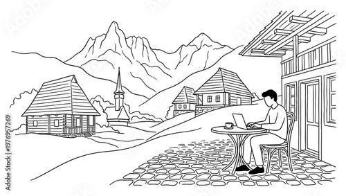 Digital nomad working on laptop in Alpine village chalet sketch
