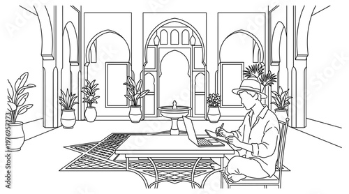 Digital nomad working on laptop in Moroccan riad courtyard sketch