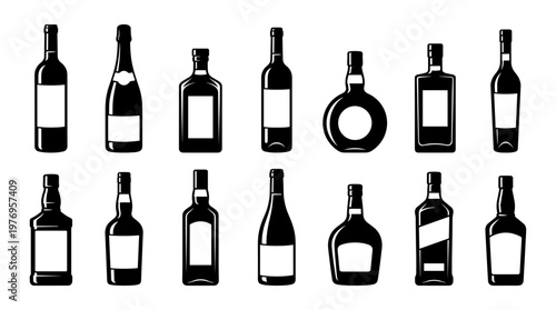 Wine whiskey champagne vodka cognac bottle silhouette blank label set