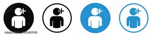 Minimalist add member icons with person silhouette and plus symbol. Ideal for user management, subscription, and social media interfaces.