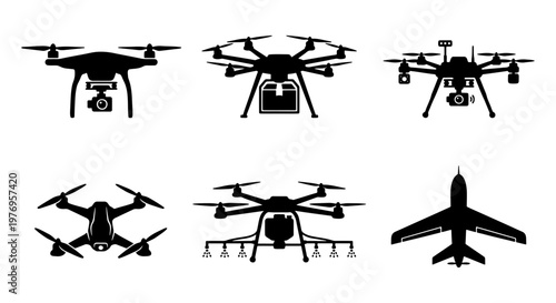 Drone silhouette icons, 6 flying quadcopter vectors, delivery aircraft set