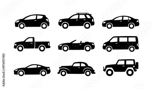 Black car silhouette icons, 9 vehicle vector set, transport symbols