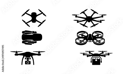 Drone silhouette icons, 6 aerial vehicle vectors, quadcopter drone set