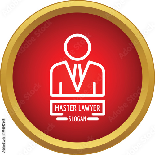Outlined symbol of a legal professional in a badge featuring master lawyer slogan
