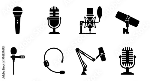 Microphone icon set, 8 podcasting equipment vectors, studio audio gear