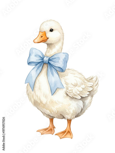 Watercolor illustration of a duck wearing a blue bow