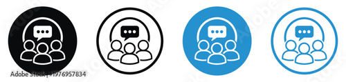Icons of a group of people with a speech bubble above. Symbolizes team discussion, customer support, community chat, or collective brainstorming.
