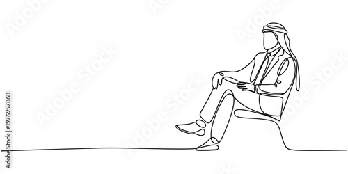 Single line of an arab man in traditional headdress and suit sitting traditional clothing one line continuous line