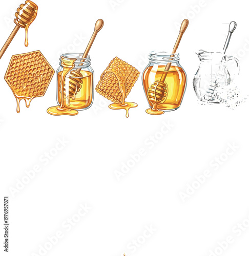 Honeycomb, Honey Dipper, and Jars with Golden Honey Drips for Natural Sweeteners