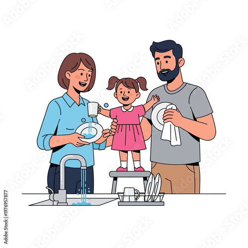 Happy Family Washing Dishes Together: Parents and Child in Kitchen