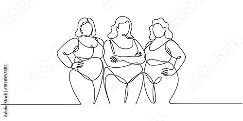 Three women in one line style standing together arms at sides and crossed one line continuous line female figures
