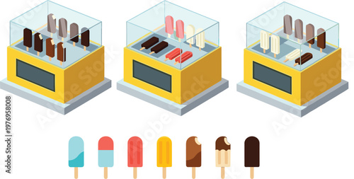 Ice Cream Display Freezers with Popsicle Selection in Isometric View