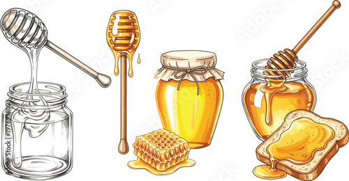 Honey Jar, Honeycomb, and Honey Dipper on Toasted Bread Slice for Natural Sweeteners