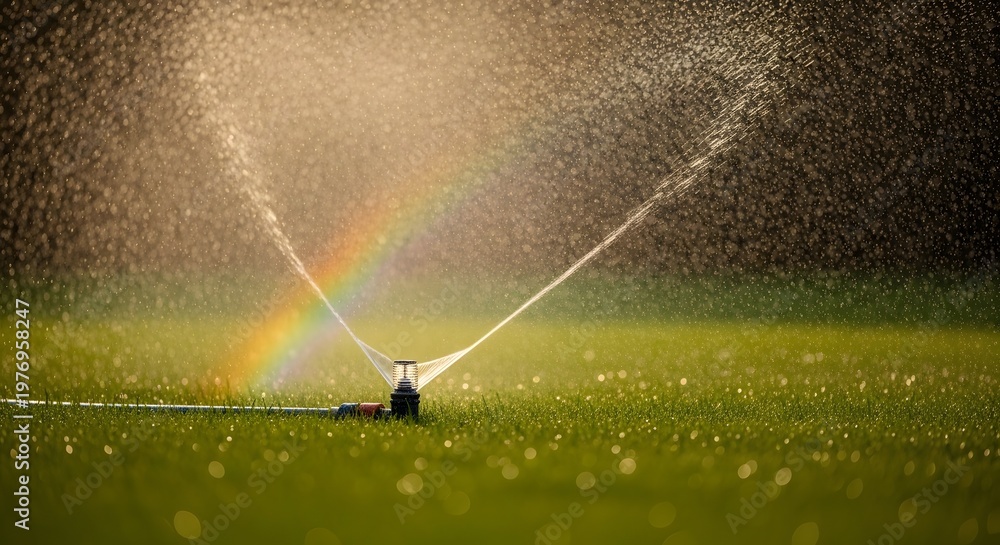 Obraz premium Irrigation sprinkler creating a vibrant rainbow in the water spray over a green grass field