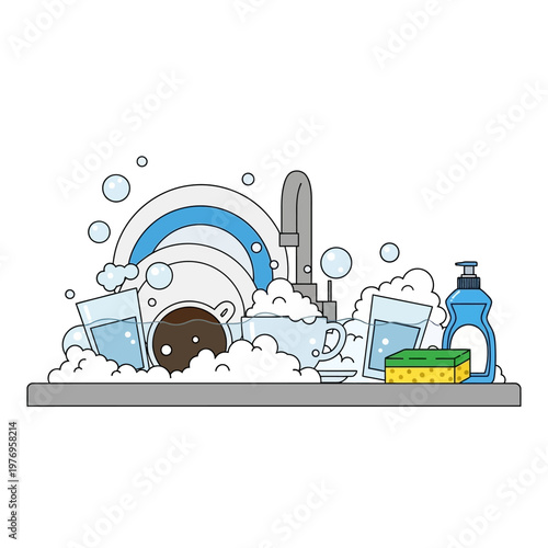 Kitchen sink full of soapy dishes, glasses, and coffee cup with bubbles.