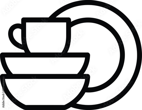 Dinnerware vector illustration featuring large plates stacked below deep bowl and morning coffee mug in minimalist style.