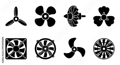Industrial propeller icons, 8 black fan blade vectors, turbine engine set