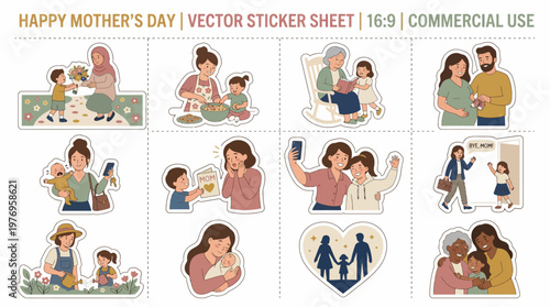 Happy Mothers Day Vector Sticker Sheet with Diverse Family Moments.