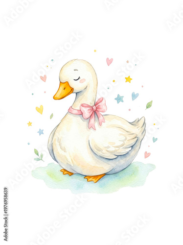 Watercolor duck with pink bow and stars