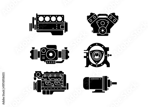 Car engine icons set, automotive motor silhouettes, 6 vehicle engine vectors