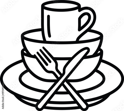 Kitchen tableware icon with crossed fork and knife over stacked plates bowls and cup for dining etiquette and restaurant.